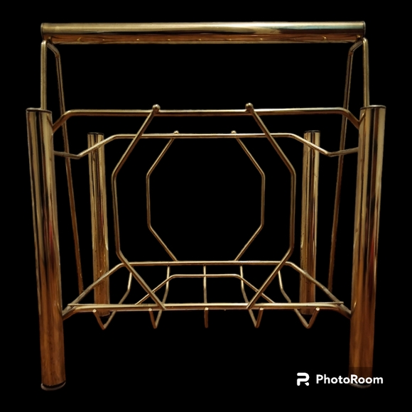 Large Vintage Mid Cenury Modern Brass Standing Magazine Rack Record Storage - Picture 2 of 8